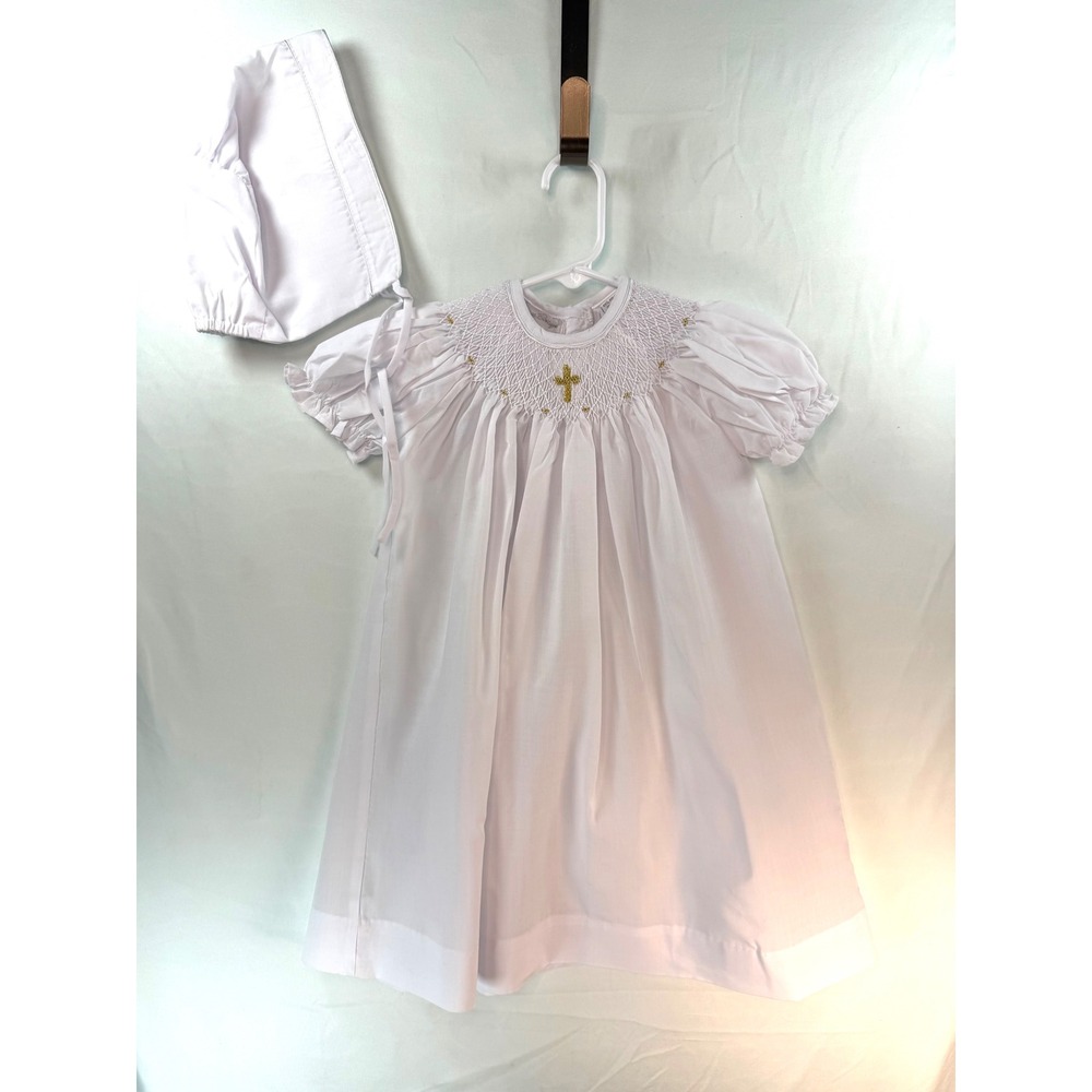 Carriage Boutique Baby Girls Smocked Christening Gown & Bonnet Set White 18M